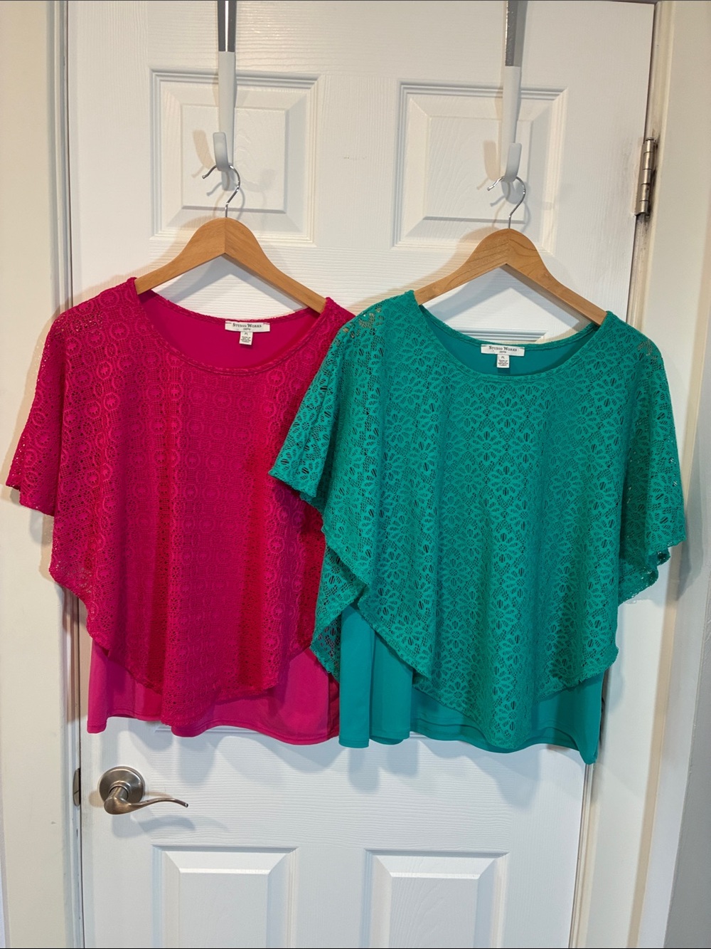 Studio Works Lace Overlay Tops in Hot Pink and Teal